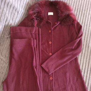 Free Shipping Inscripcion Glacee Viscose Faux fur lapel button up Sweater+Pants